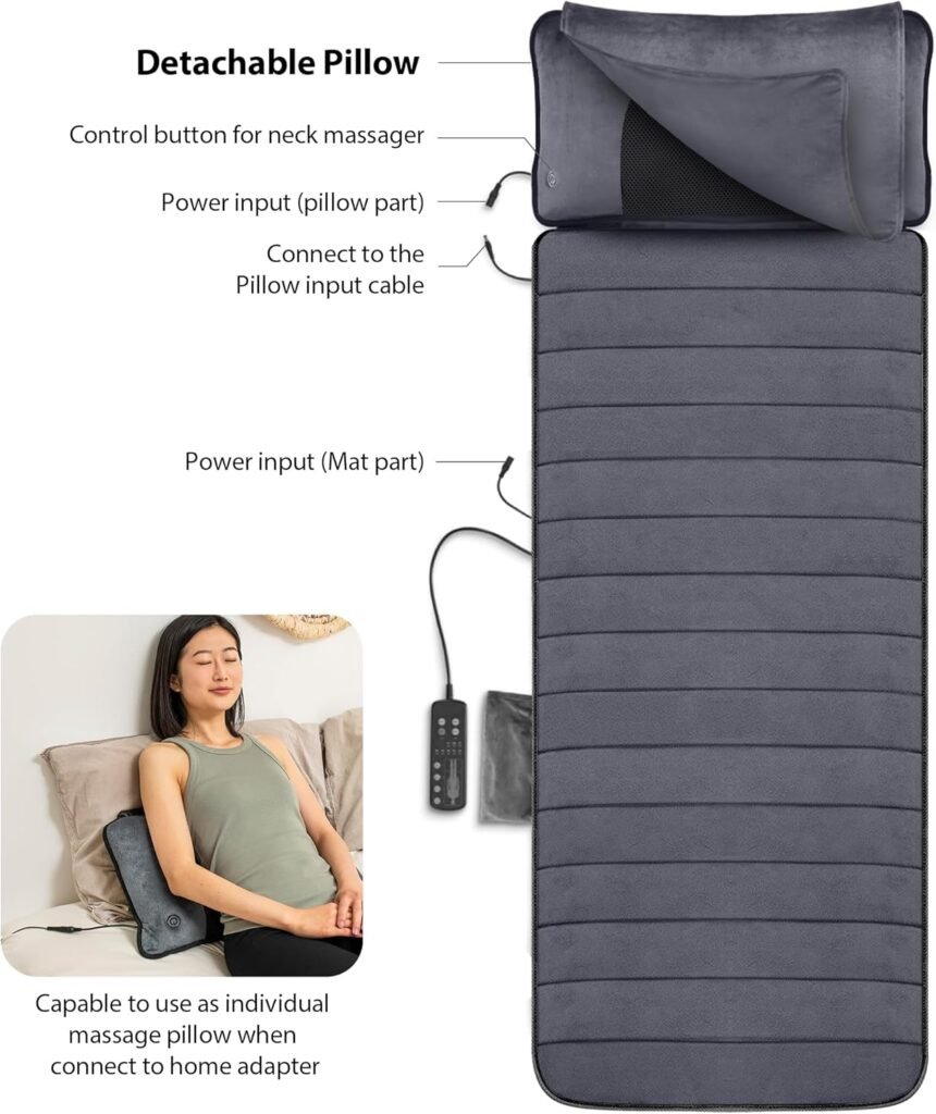 COMFIER Full Body Massage Mat with Movable Neck Pillow, Shiatsu Back Massager with Vibrating Motors Heat Levels, Massage Pad, Gift for Women Man