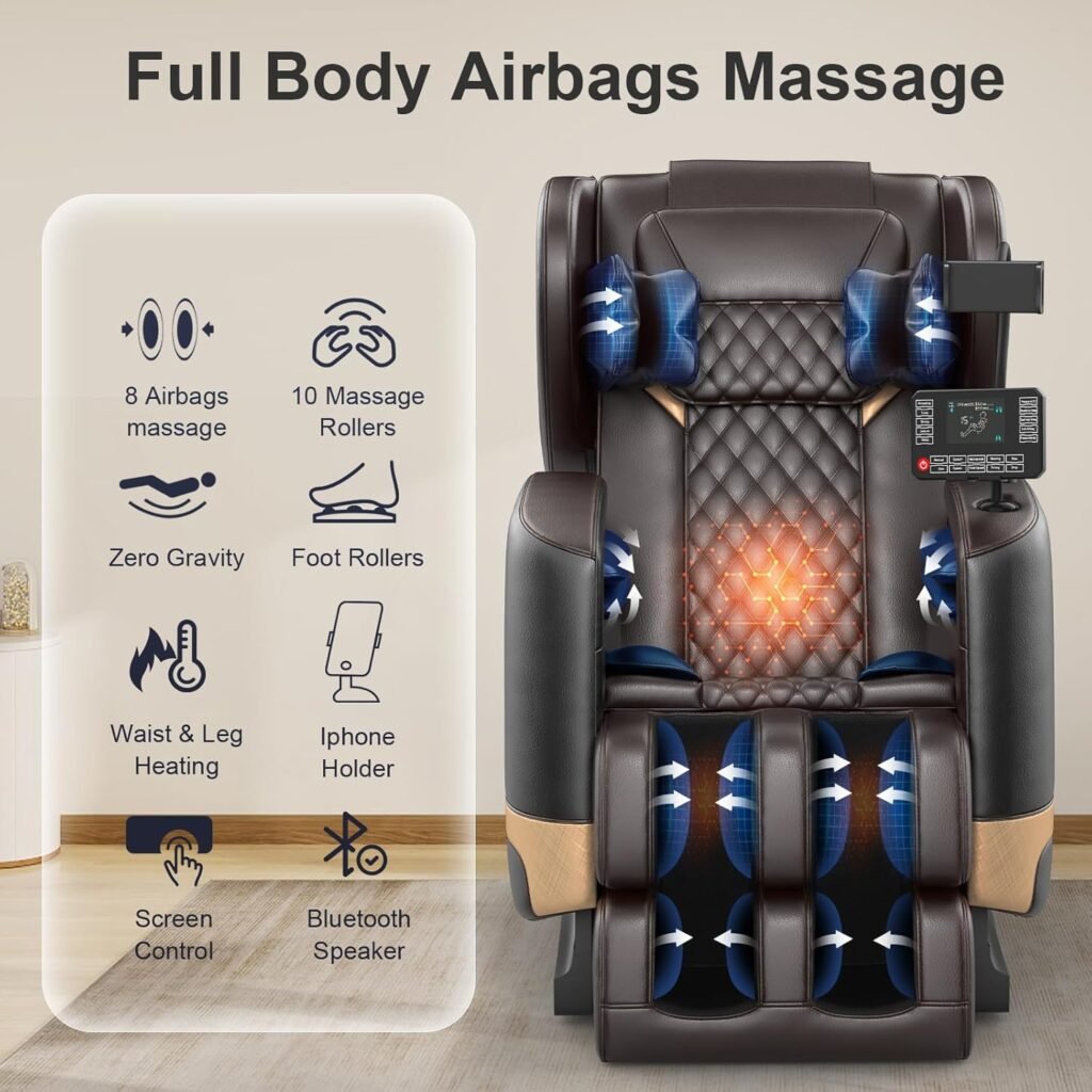 FURNIMAT Massage Chair Full Body, Zero Gravity Massage Chair with Fix Rollers, Airbags, Heating, Foot Massage, Auto Modes, Bluetooth Speaker, Smart Screen Controller (Advanced Version)