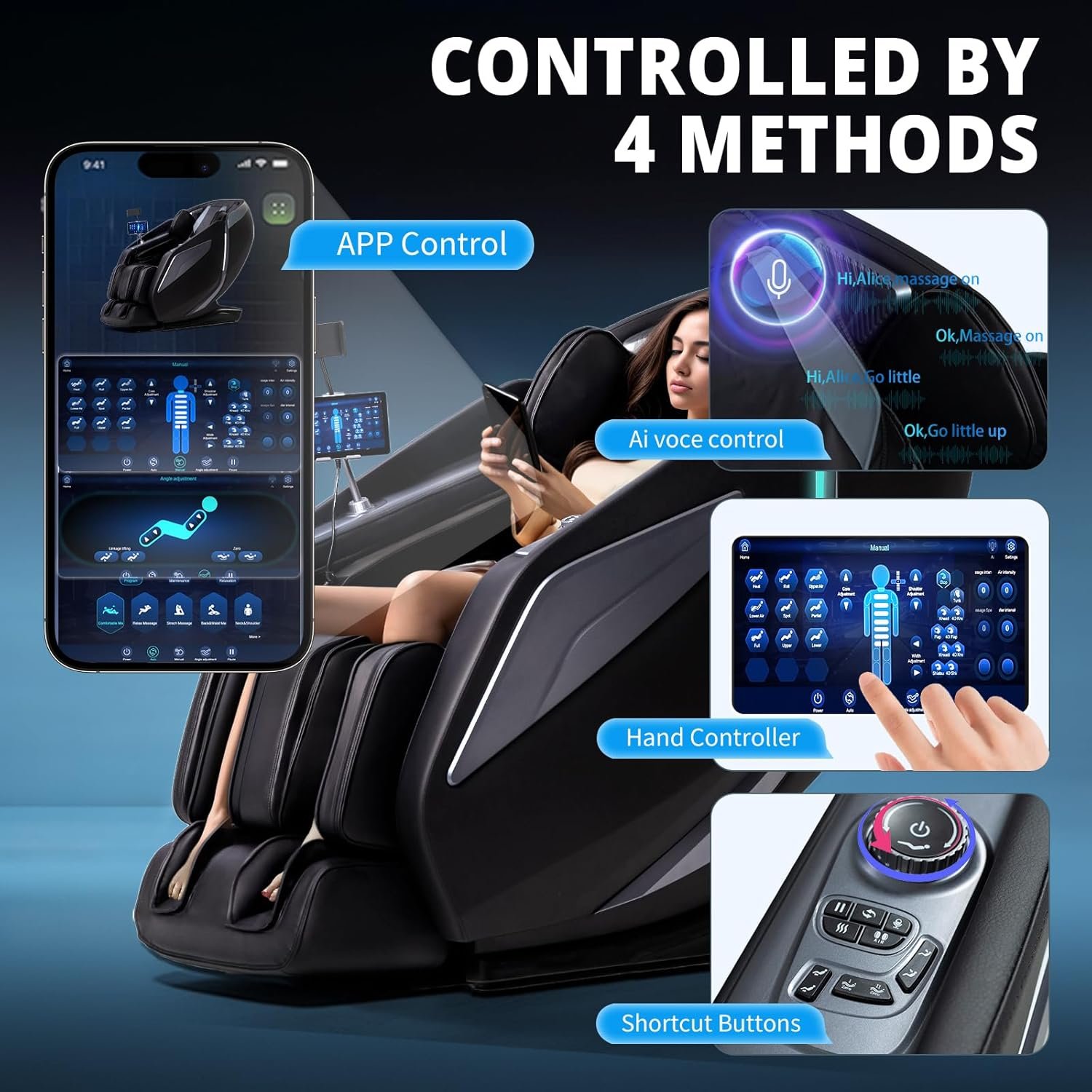 HealthRelife 4D Massage Chair Full Body Zero Gravity Recliner – 55“ SL-Track,15 Auto Modes,11 Massage Technique,40 Airbags Massage,with Yoga Stretch,APP Control,Shiatsu Foot Massage(Black)