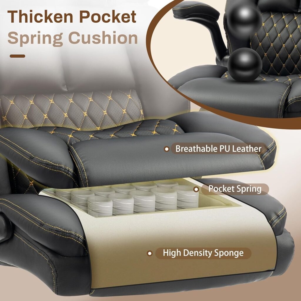 Massage Office Chair, 500LBS Ergonomic Rocking Executive Desk Chairs with Points VibrationHeat,Padded Flip-up Armrests for Big and Tall Office Chair,Swivel Computer Chair Thicken, PU Black