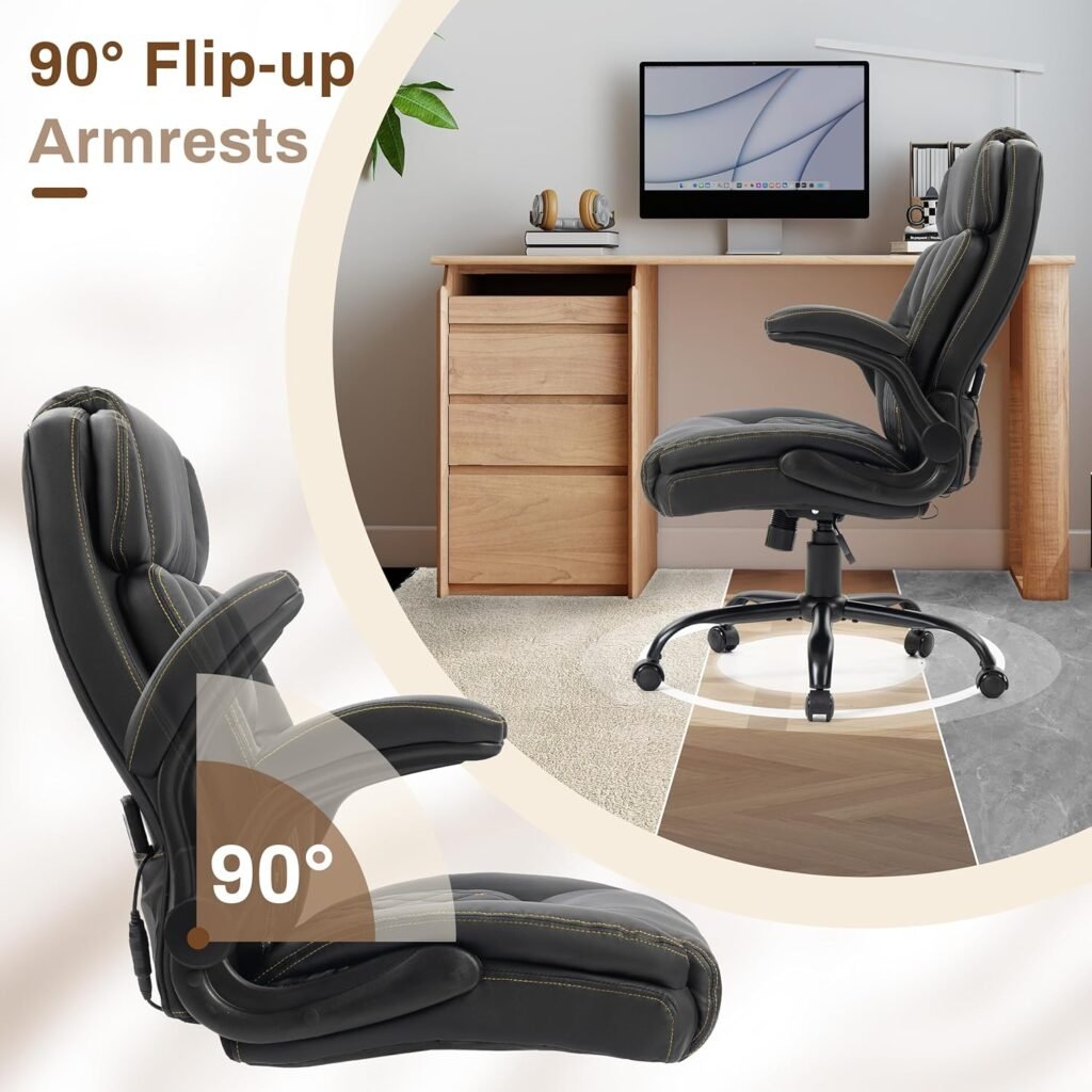 Massage Office Chair, 500LBS Ergonomic Rocking Executive Desk Chairs with Points VibrationHeat,Padded Flip-up Armrests for Big and Tall Office Chair,Swivel Computer Chair Thicken, PU Black