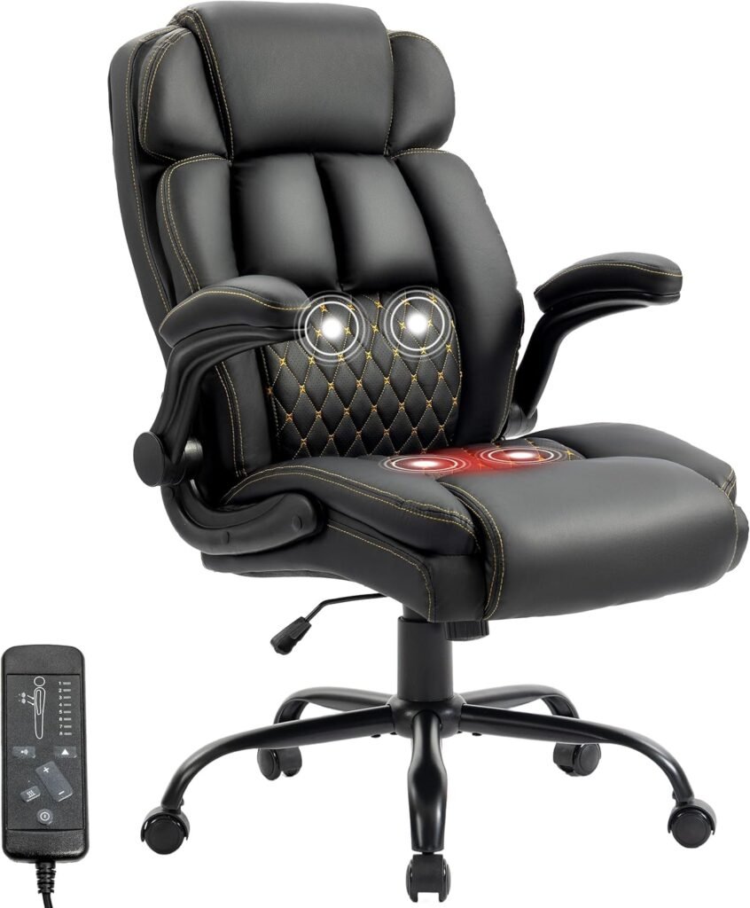 Massage Office Chair, 500LBS Ergonomic Rocking Executive Desk Chairs with Points VibrationHeat,Padded Flip-up Armrests for Big and Tall Office Chair,Swivel Computer Chair Thicken, PU Black
