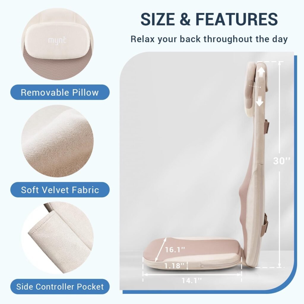 Mynt FSA Eligible HSA Approved Back Massager for Chair, Foldable Back Massager with Soothing Heat, Flexible Massage Chair Pad with Soft S-Curve Longer Track, Portable Rolling Spot Chair Massager