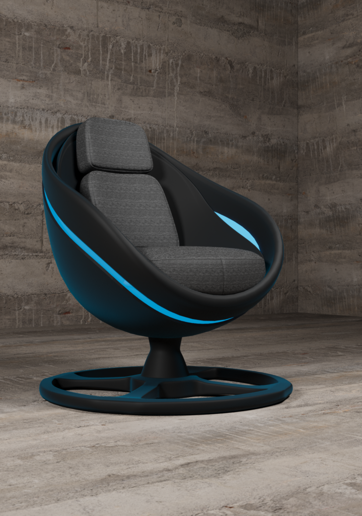 Experience avant-garde comfort with this sleek, futuristic chair in a stylish interior.
