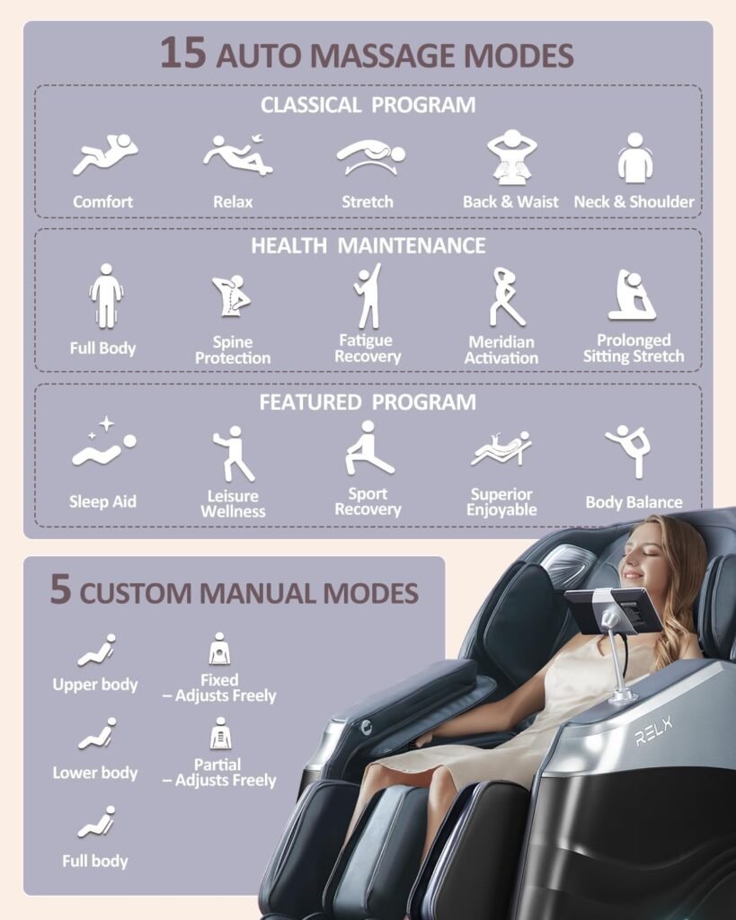 RELX Massage Chair Full Body, Modes Zero Gravity SL-Track Shiatsu Massage Chair Built-in Heat System, Airbag Massage with Body Scan, Deep Yoga Stretch, Calfrest Extension and AI Control(Black)